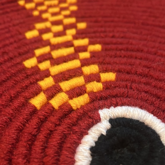 Artisan hand woven large colorful flat red/maroon and yellow basket - Picture 6 of 11